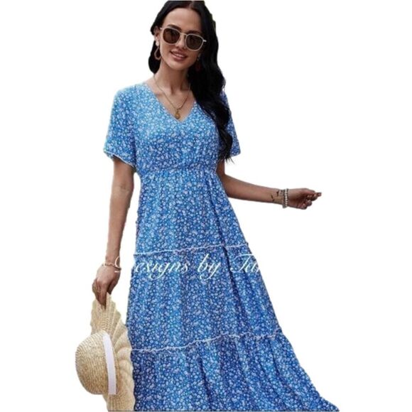 Boho Tiered Vintage Floral Maxi Dress - Picture 1 of 3
